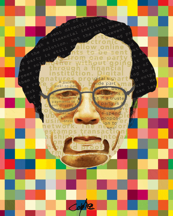 No one knows who Satoshi really is, but these words speak for themselves. This decentralized portrait creates an image and type portrait out of abstract section from the Bitcoin whitepaper. This is a one-of-a-kind variant that was created while making the offical video portrait that is part of the Decentral Eyes portrait series.